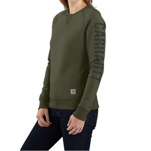 WOMEN'S RELAXED FIT MIDWEIGHT CREWNECK BLOCK LOGO SLEEVE GRAPHIC SWEATSHIRT